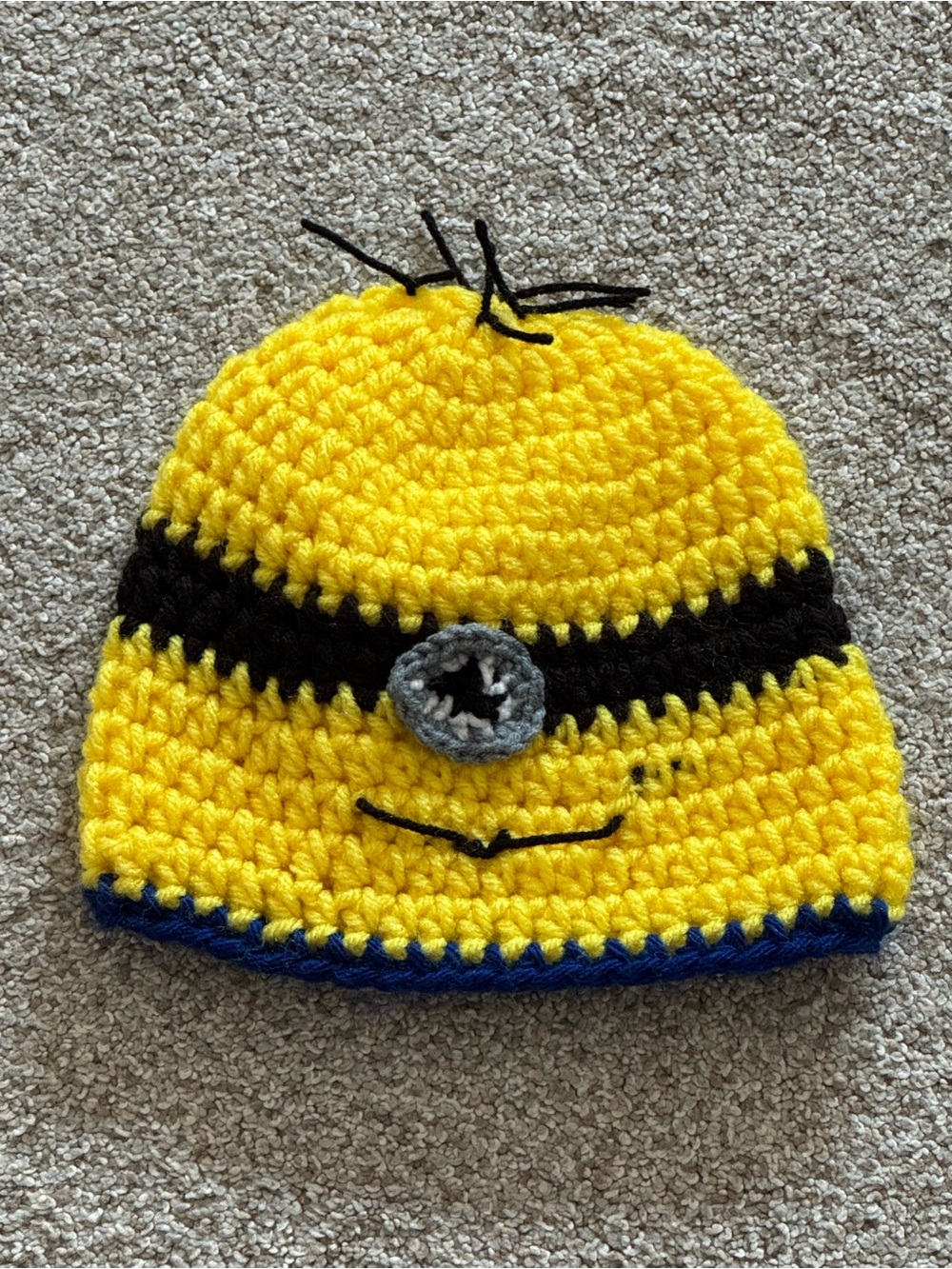 Kids Yellow Crochet Character Beanie with Black and Blue Accents